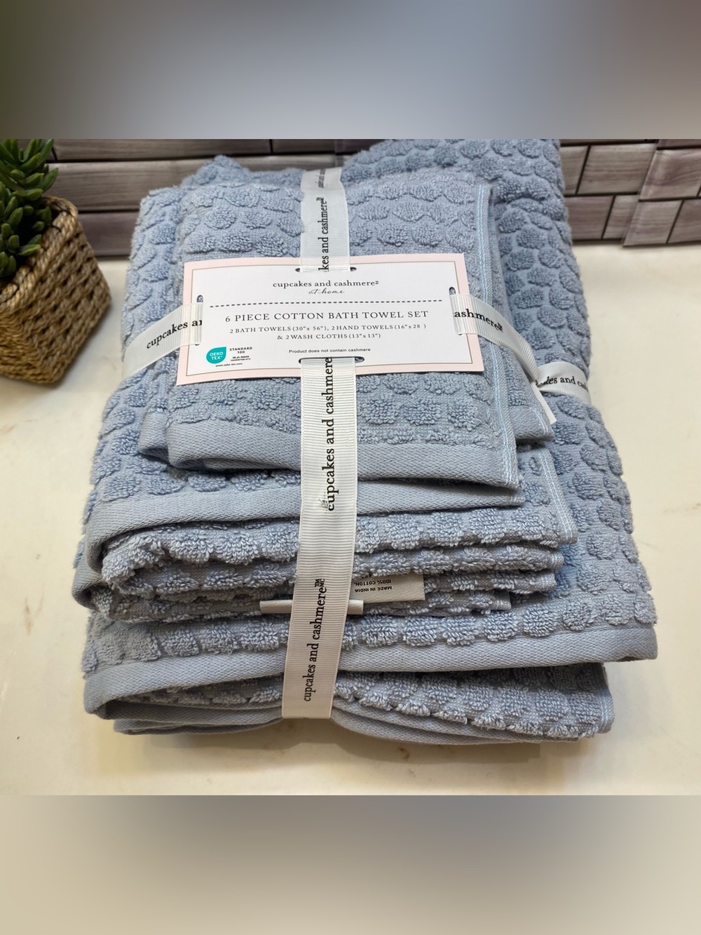 Cupcakes and Cashmere ❤️Polka Dot 6 Cotton Bath Towel Set Blue NWT